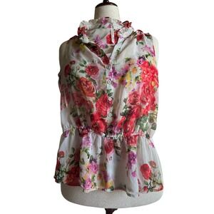 Bellatrix Sleeveless Sheer Floral Peplum Top‎ Wms XS Ruffle Neck Romantic